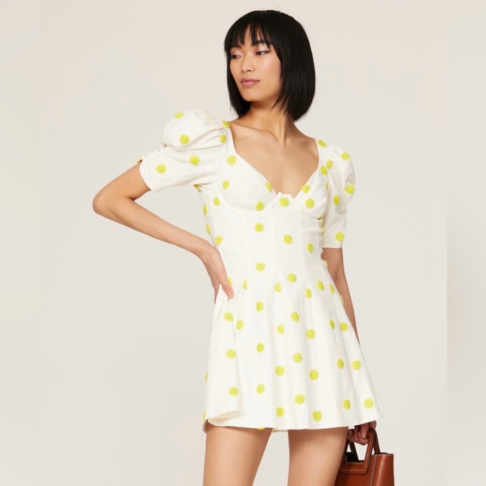 For Love And Lemons White Dress with Yellow Polka Dots